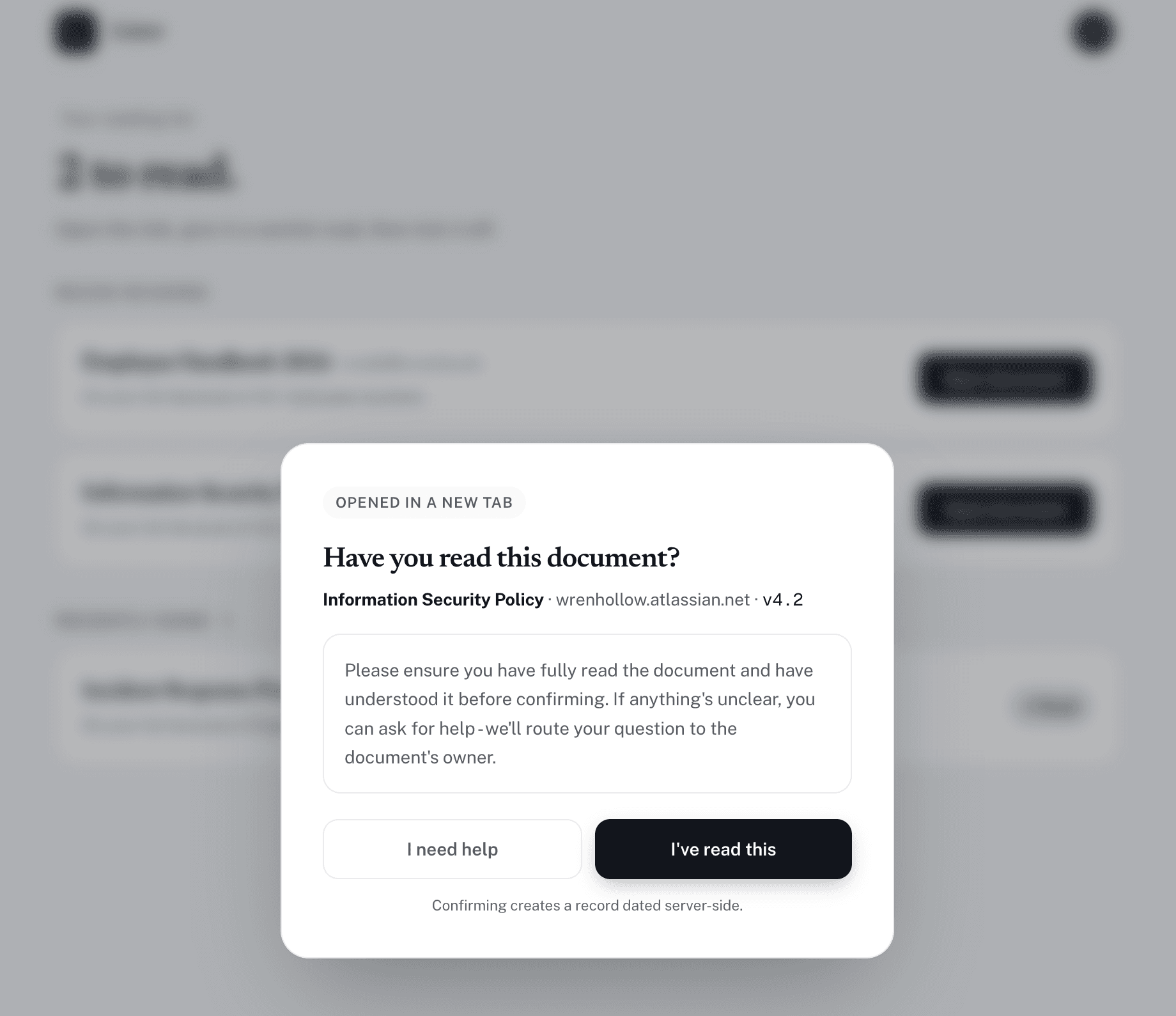 Listor app showing a policy acknowledgement modal mid-flow
