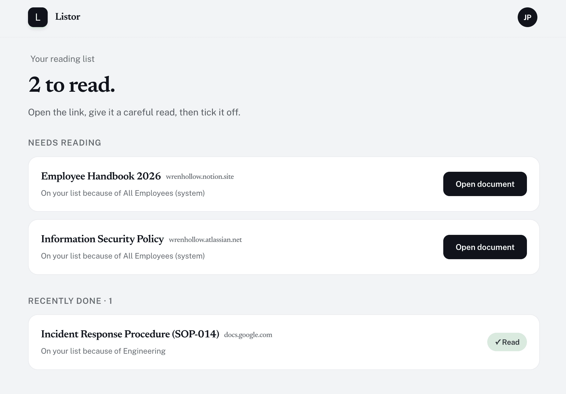An employee's reading list showing pending and completed policies